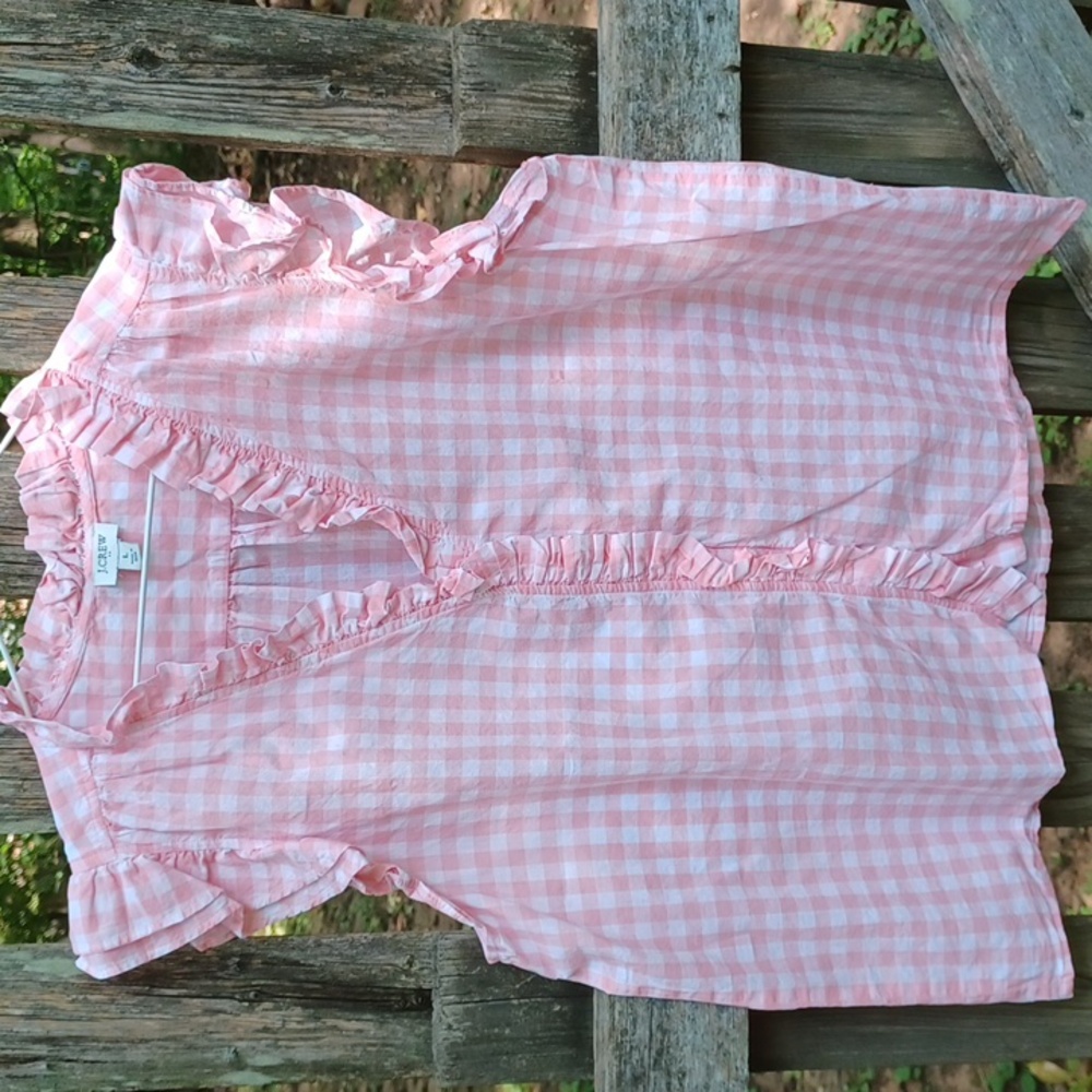 J. Crew Pink Gingham Ruffle Sleeveless Top